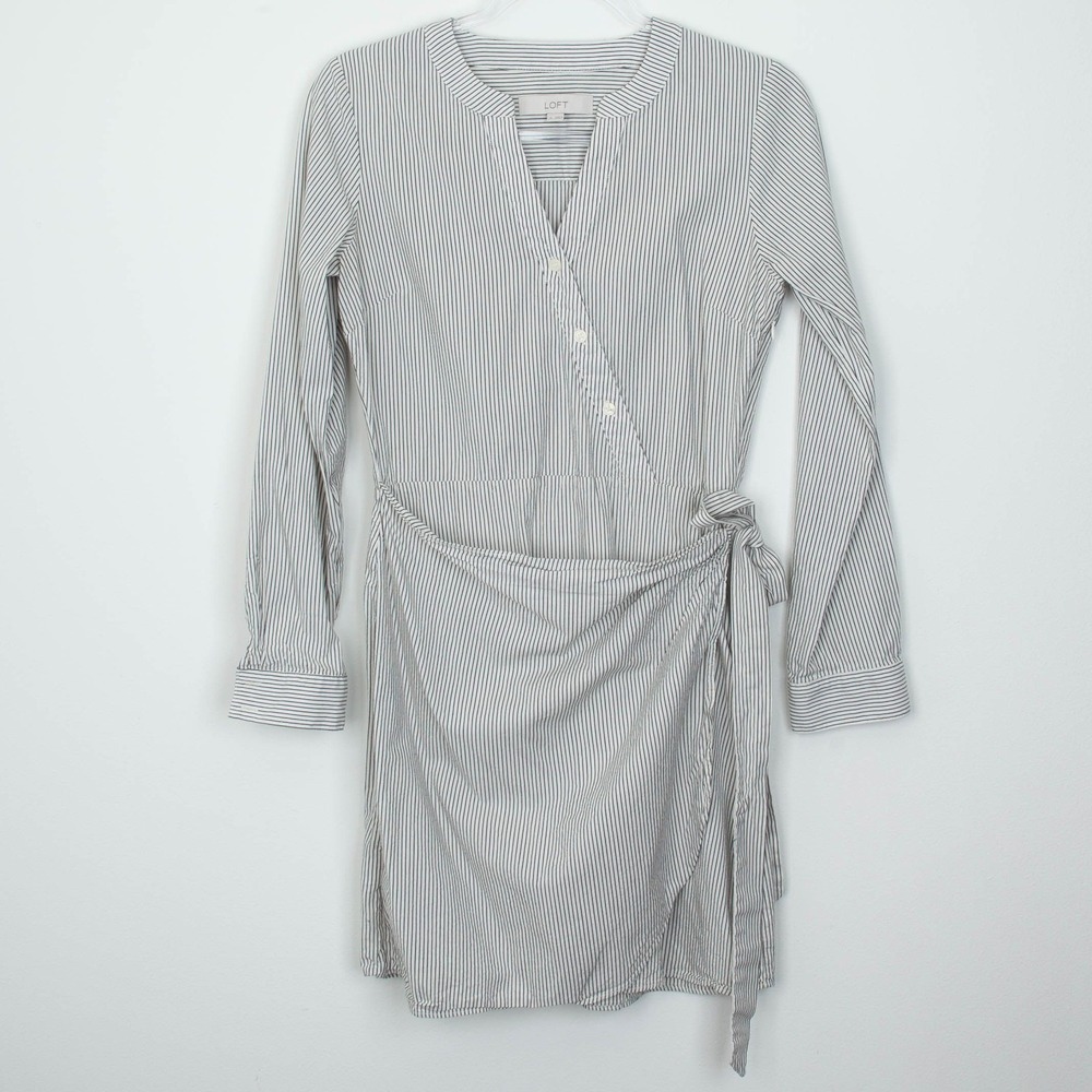 Loft Womens Striped Wrap Dress Size 0 Blue White Tie Waist Long Sleeve‎